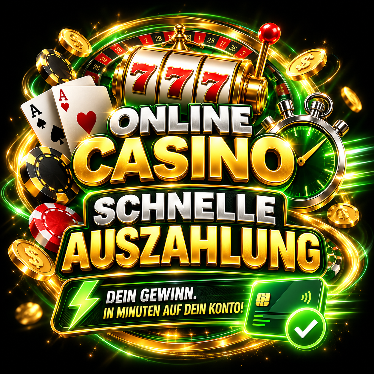 Casino-Motiv mit Spielautomaten, Roulette und Stoppuhr