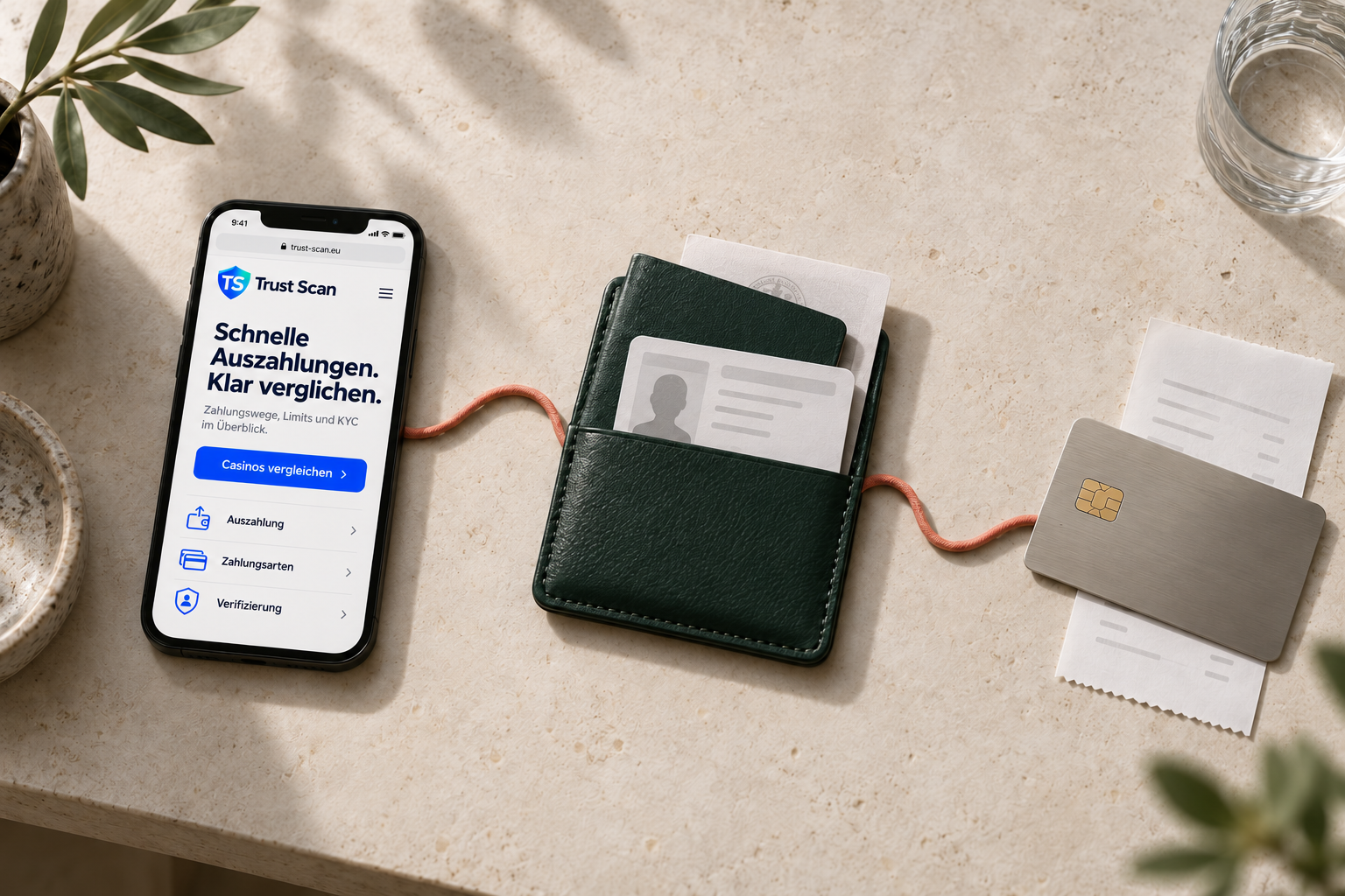 Trust Scan auf dem Smartphone neben Ausweisdokumenten und Bankkarte